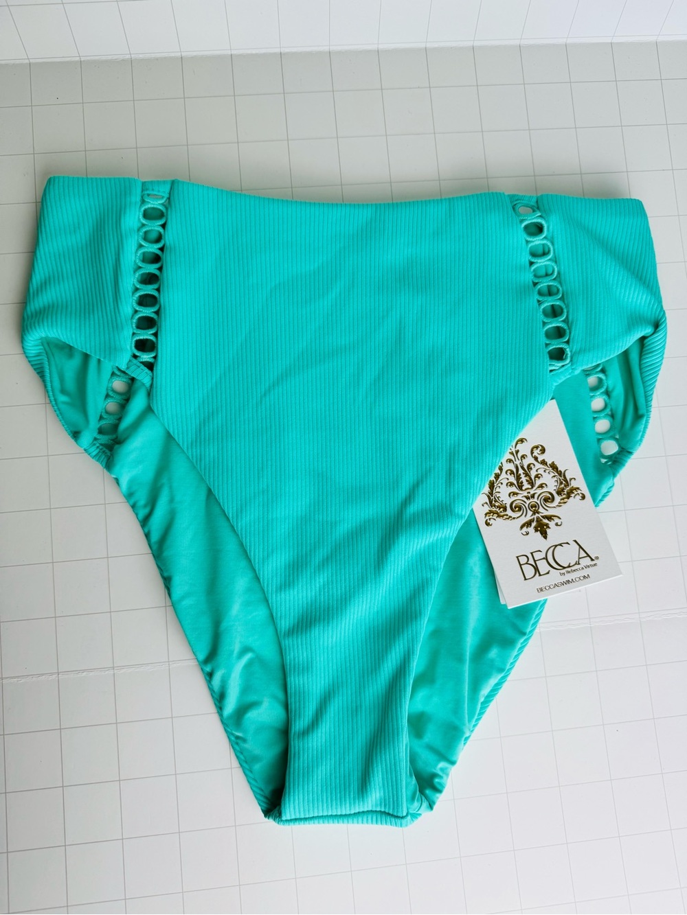 BECCA Ribbed High-Waist Bikini Bottoms - Aqua Teal - Picture 3 of 8